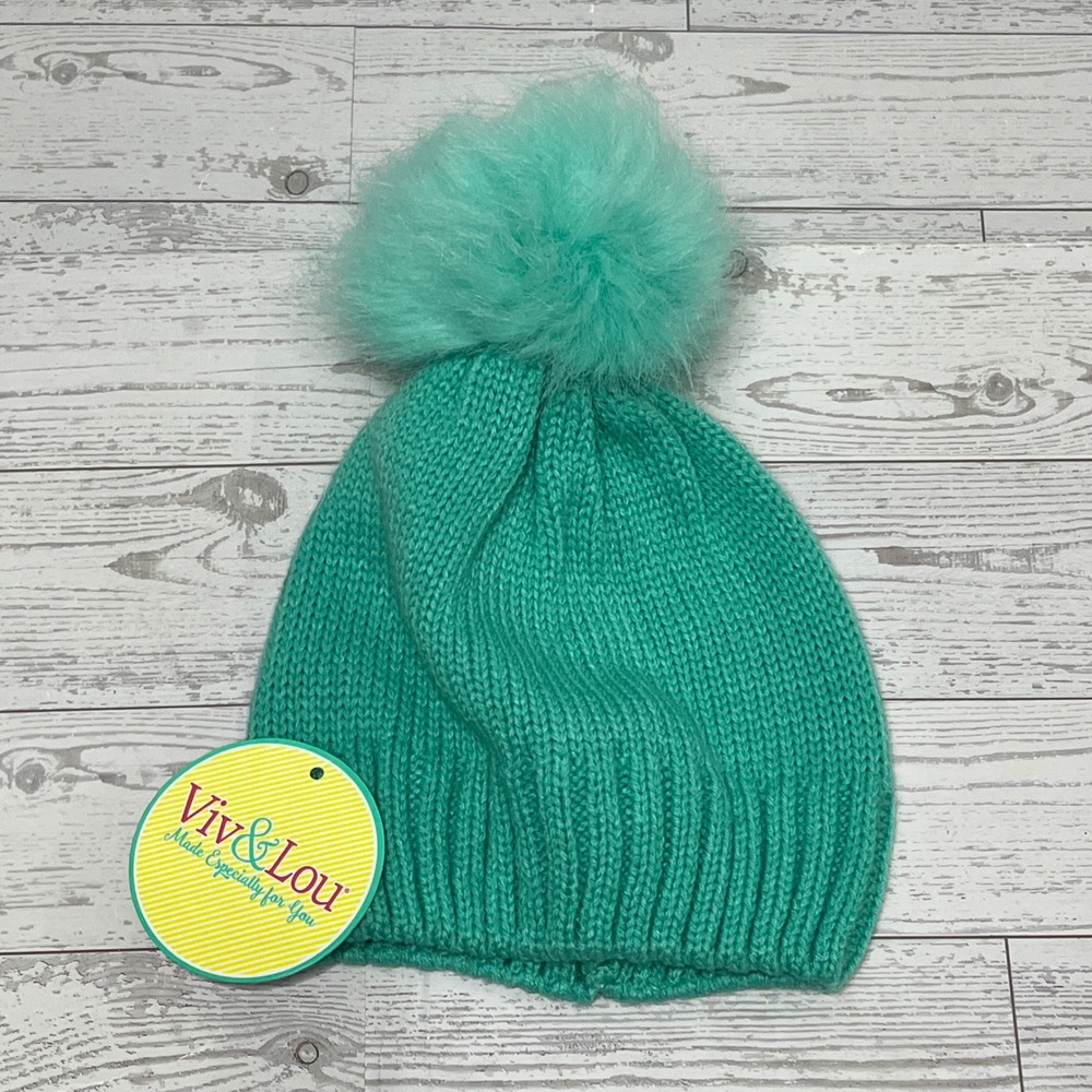 Viv & Lou Womens Mint Green Knit Beanie Faux Fur Pom Pom Hat Winter